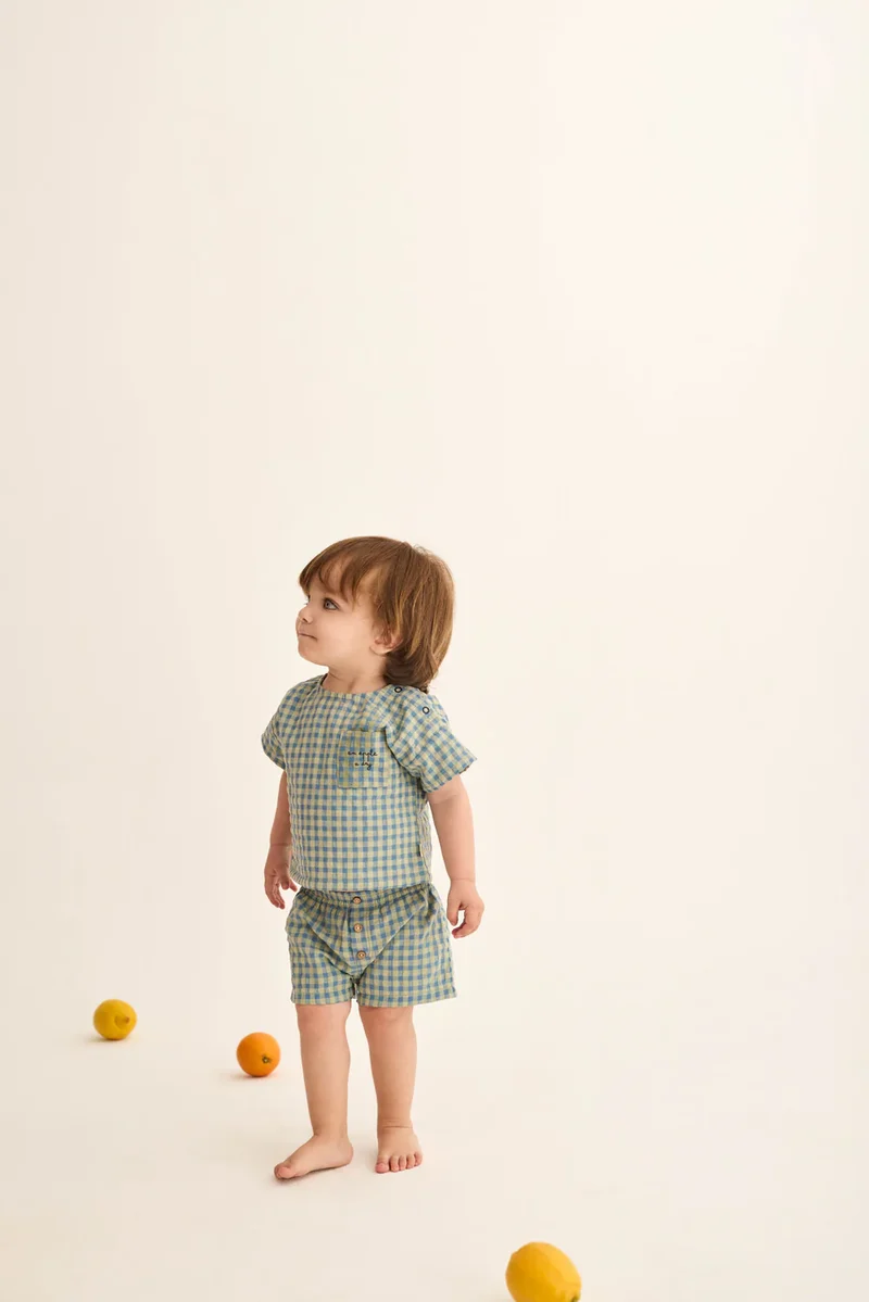 Completo bambino DORIAN verde a quadretti, Cozmo, t-shirt e pantaloncino
