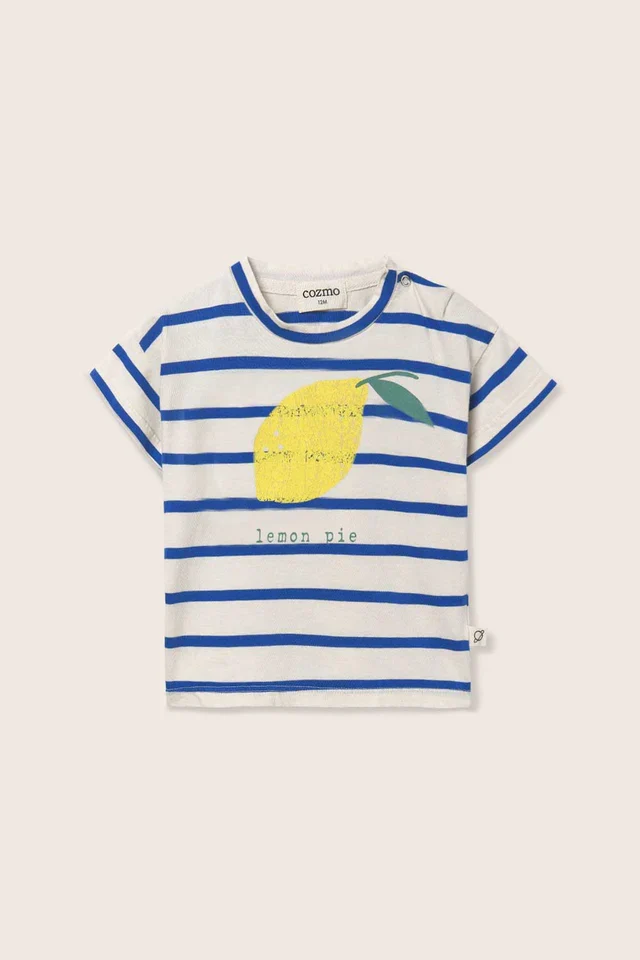 T-shirt ARAN avorio a righe blu, lemon pie, 100% cotone, Cozmo