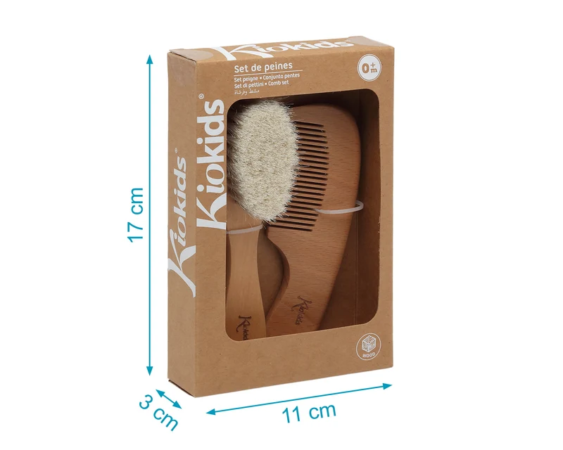 Set pettine e spazzola con setole extramorbide in legno di faggio per bambini, Kiokids
