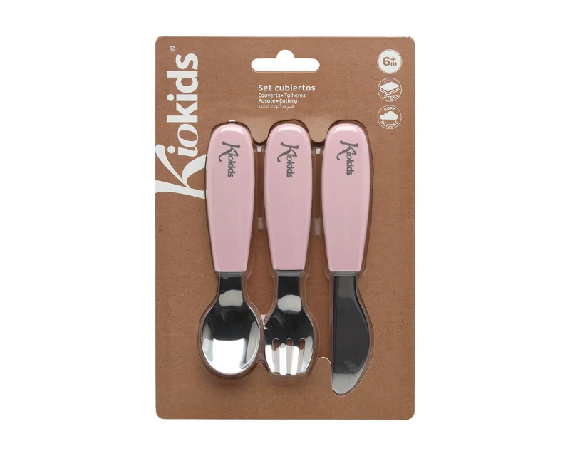 Set di posate in acciaio inossidabile e silicone di alta qualità, rosa o azzurro, Kiokids