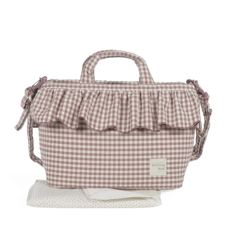 Borsa fasciatoio Pralinè Vichy Rosa Moka, con volant, di Walking Mum
