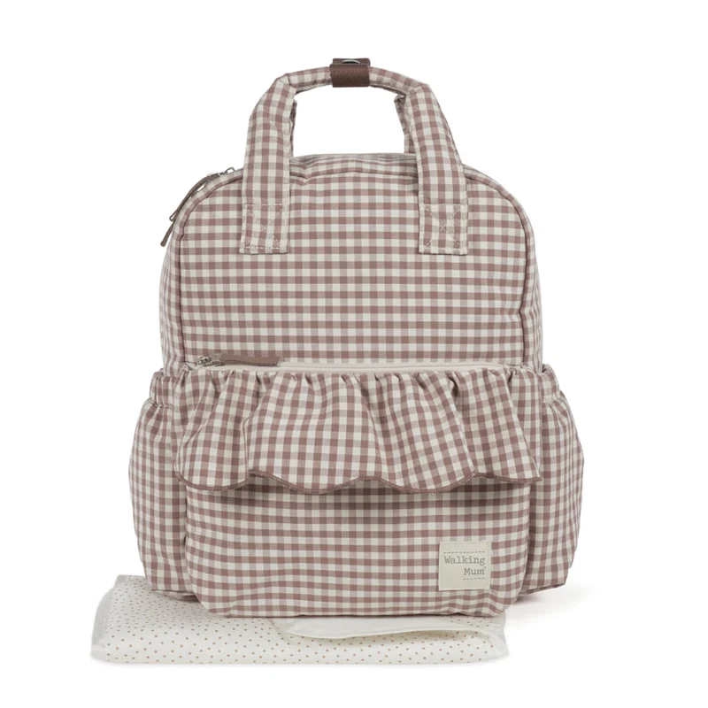 Zaino fasciatoio, Pralinè Vichy Rosa Moka, con volant di Walking Mum