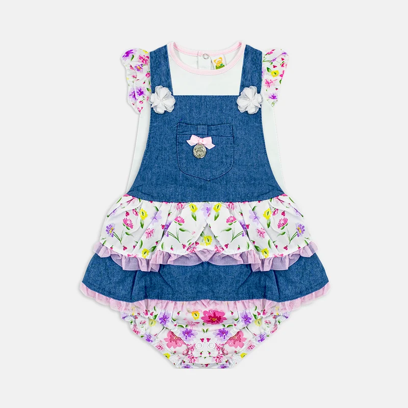 Salopette + T-Shirt Jeans Giardino in Fiore, Luglio