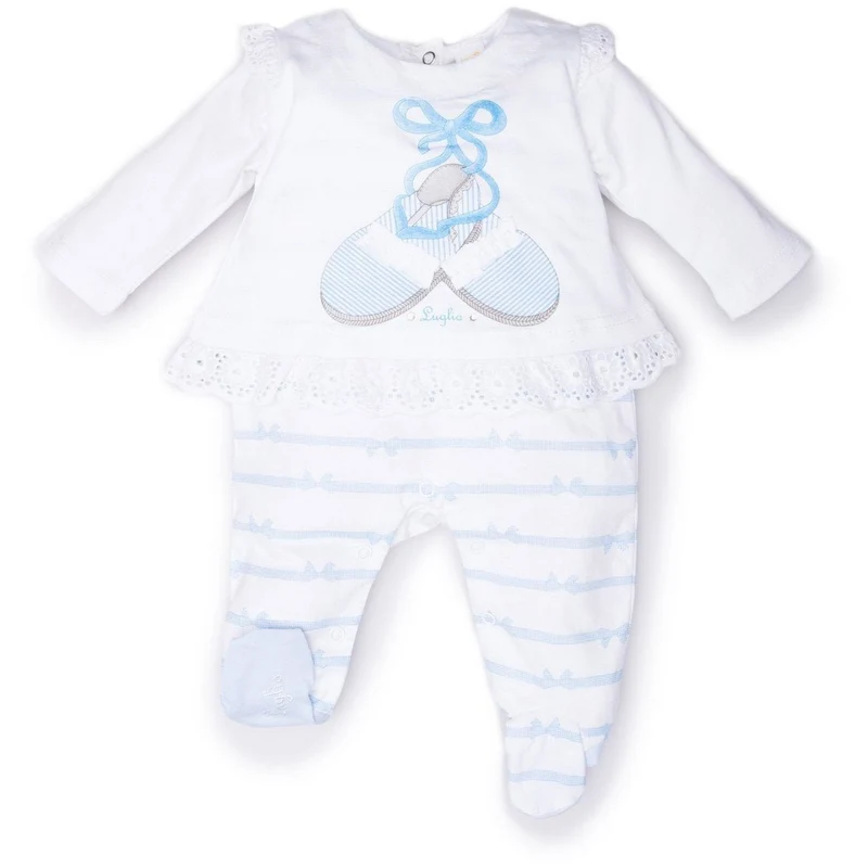 Tutina Neonata in Cotone Bianca E Cielo Con Scarpine Ricamate Luglio