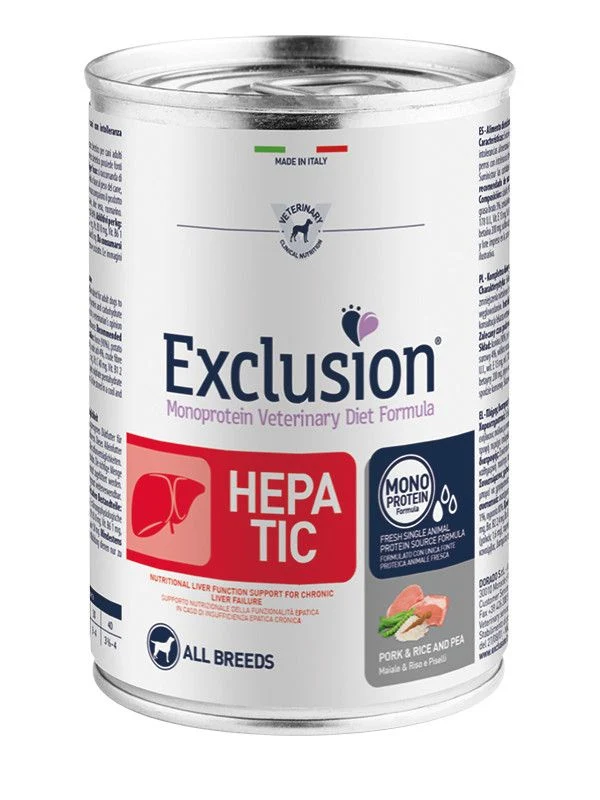 Exclusion Monoprotein Veterinary Diet Formula Hepatic Umido Suino/Riso/Piselli Cani Lattina 200g