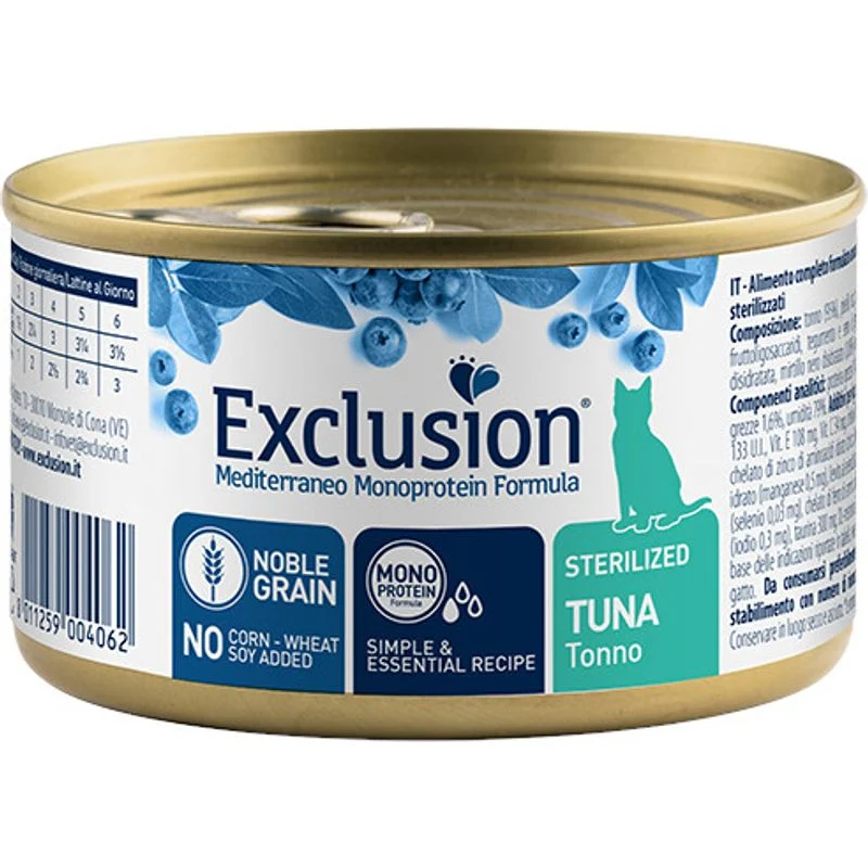 Exclusion Mediterraneo Monoprotein Noble Grain Umido Tonno Gatti Sterilizzati Lattina 85g