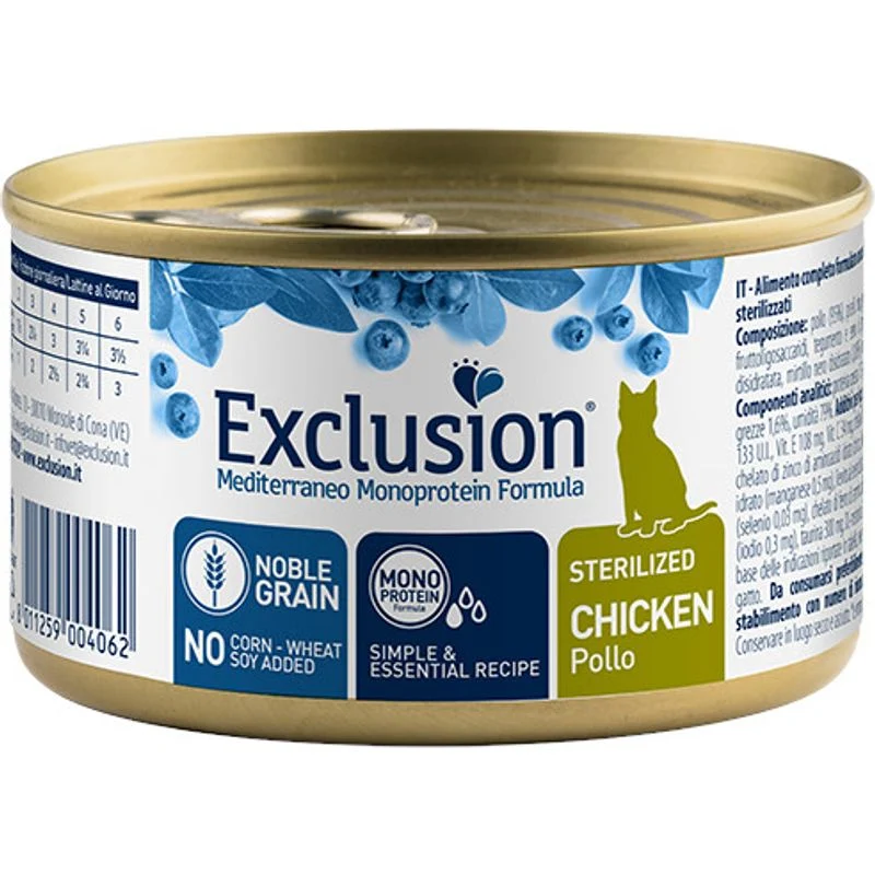 Exclusion Mediterraneo Monoprotein Noble Grain Umido Pollo Gatti Sterilizzati Lattina 85g