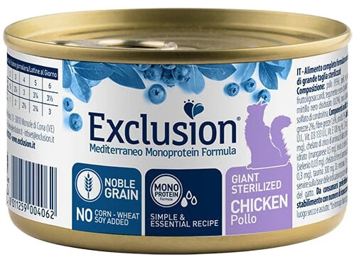 Exclusion Mediterraneo Noble Grain Gatto Adulto Sterilizzato Al Pollo Lattina 85g