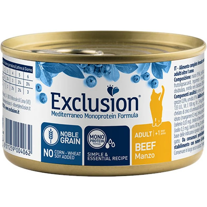 Exclusion Mediterraneo Monoprotein Noble Grain Cibo Umido Manzo Gatti Adulti Lattina 85g