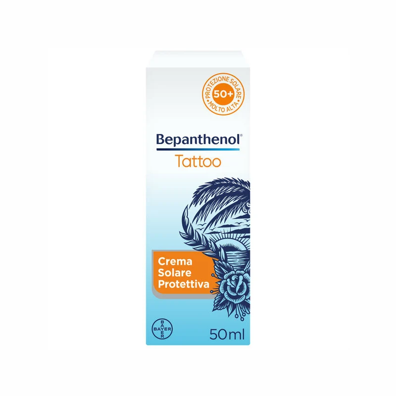 Bepanthenol Tattoo Crema Protezione Solare Molto Alta SPF50+ Per Tatuaggio Con Pantenolo 50ml