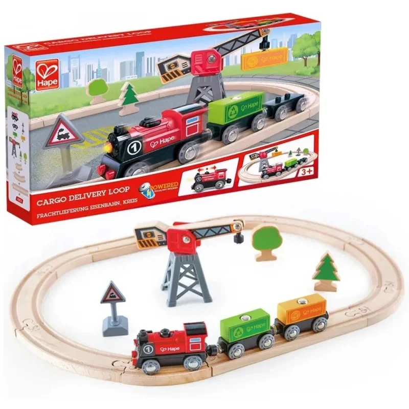 hape e3731 Pista treno con gru e set locomotiva a batteria
