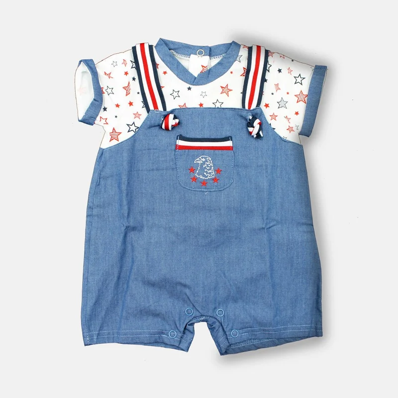 Pagliaccetto Neonato in Jeans con Maglia Fantasia, Luglio