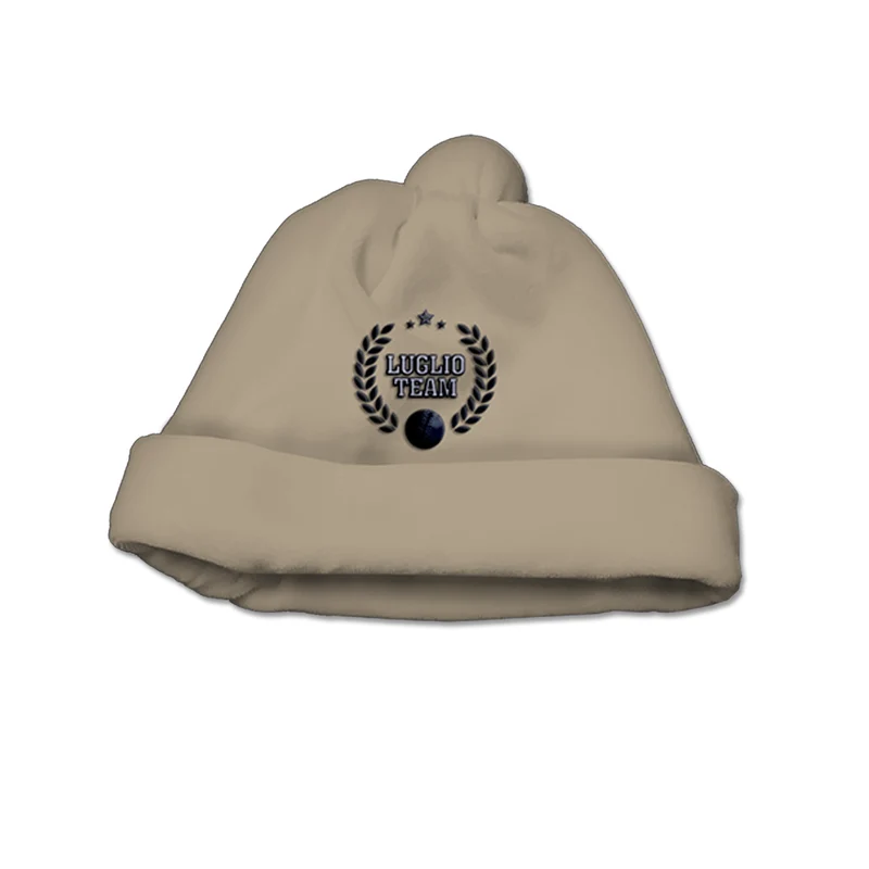 Cappello Maschietto In Ciniglia Beige Con Pompon E Ricamo Blu In Contrasto, Luglio