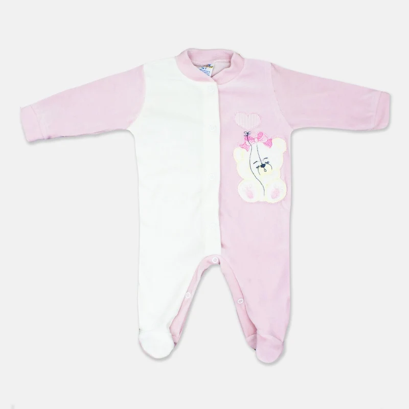 Tutina Neonata in Ciniglia Rosa e Bianca Orsetto Ricamato