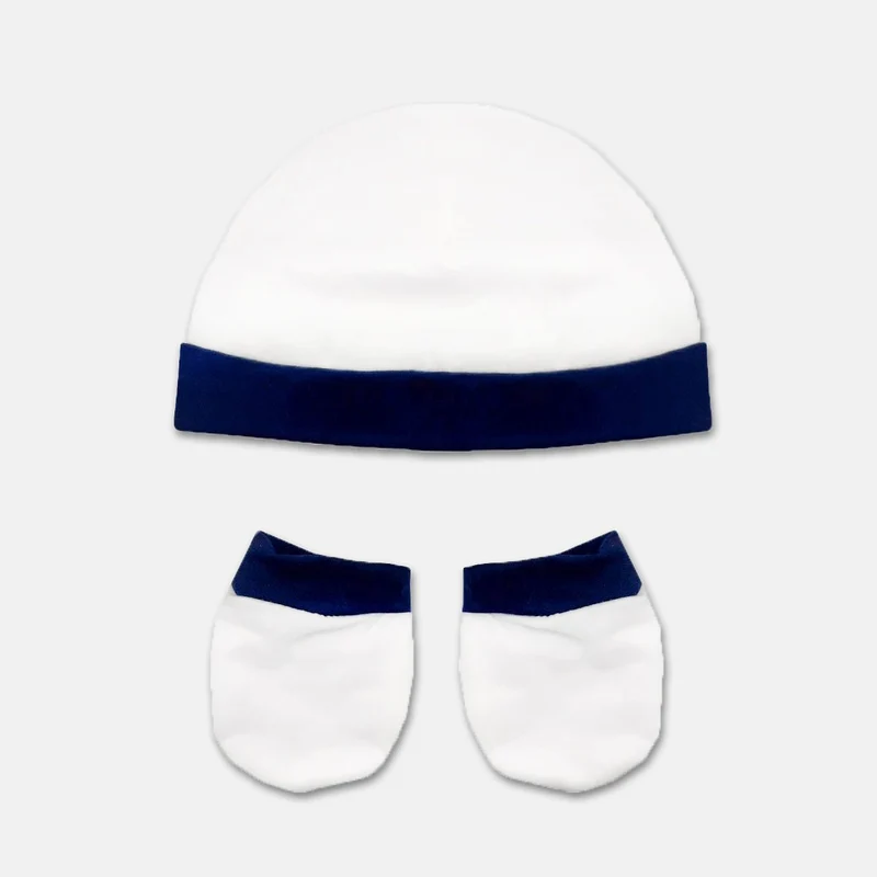 Cappello e Muffole Neonato Bianco e Blu, Luglio
