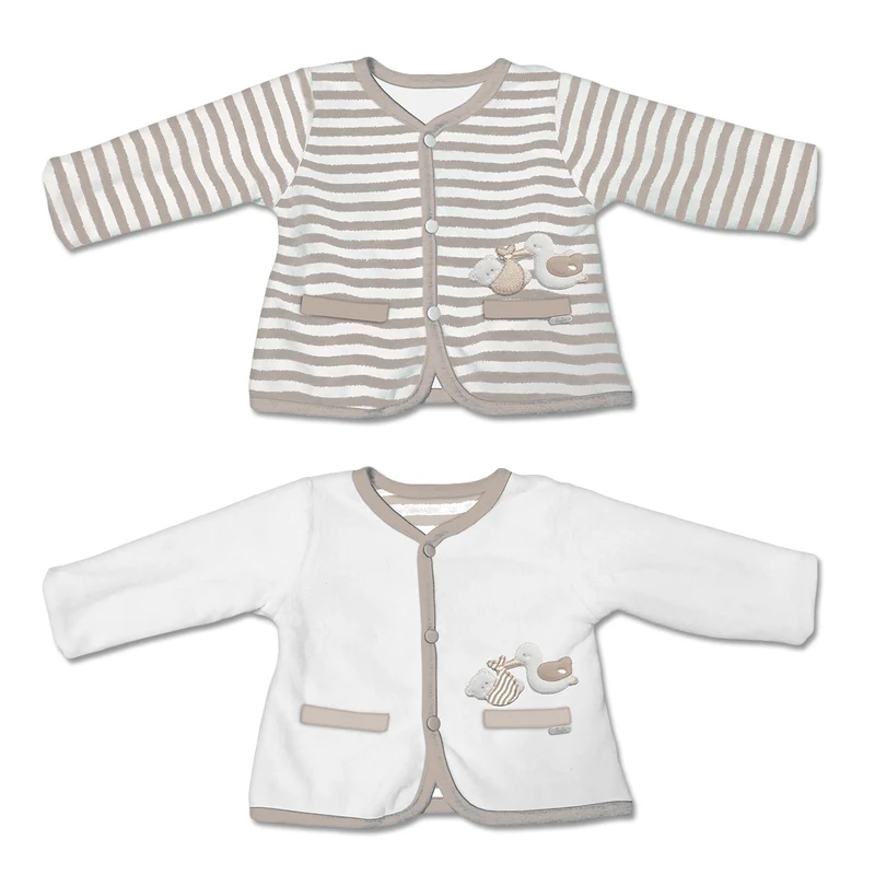 Cardigan Reversibile A Righe Beige E Bianco Con Orsetto Ricamato Luglio Lu851