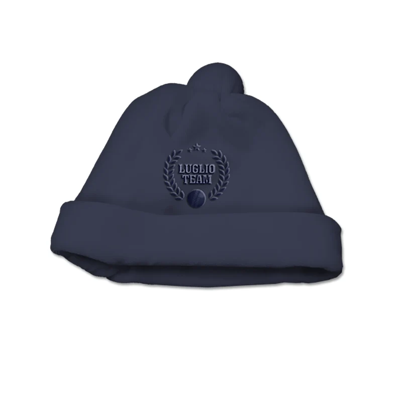 Cappello Maschietto In Ciniglia Blu Con Pompon E Ricamo A Tono Con Il Capo, Luglio