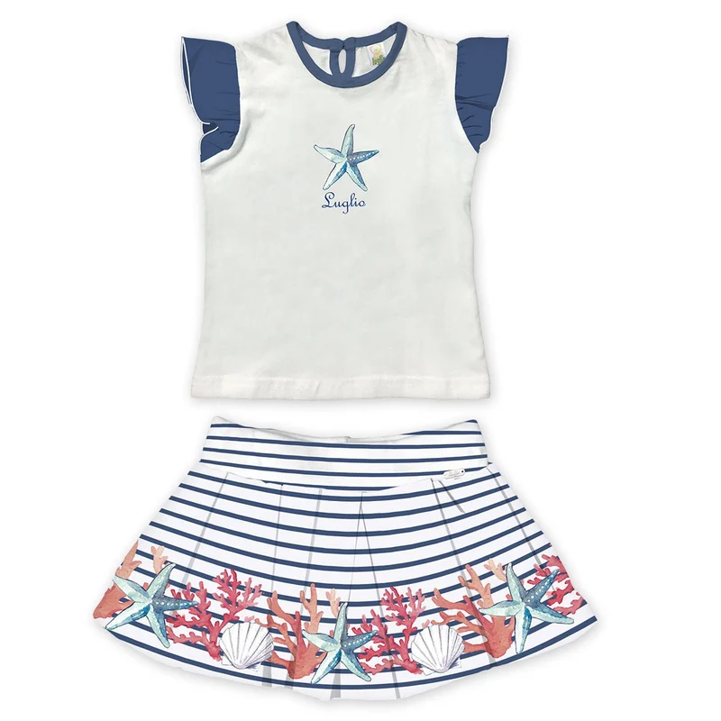 Completino Neonata T-Shirt + Gonna in Cotone Blue Fantasia Corallo Luglio