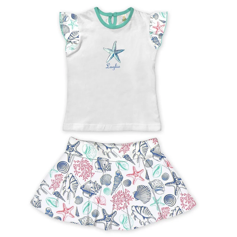 Completino Neonata T-Shirt + Gonna in Cotone Tiffany Fantasia Conchiglie Luglio