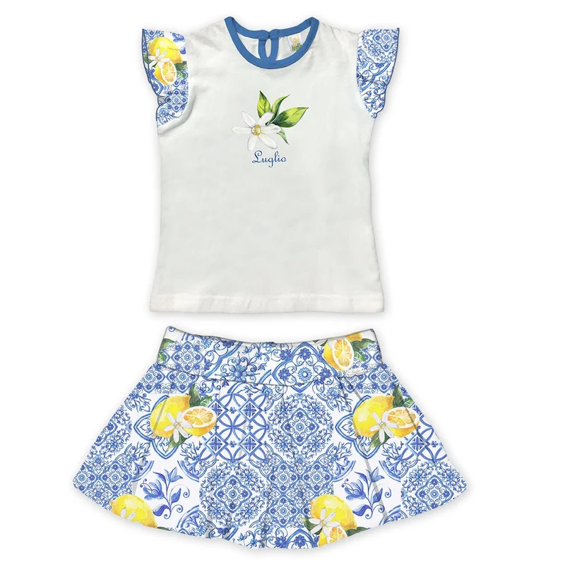 Completino Neonata T-Shirt con Gonna in Cotone Azzurro Fantasia Limoni Luglio