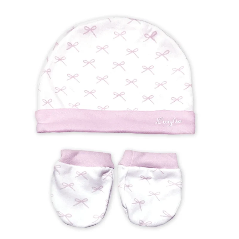 Cappello e Muffole Neonato in Cotone Bianco e Rosa Fiocchi, Luglio