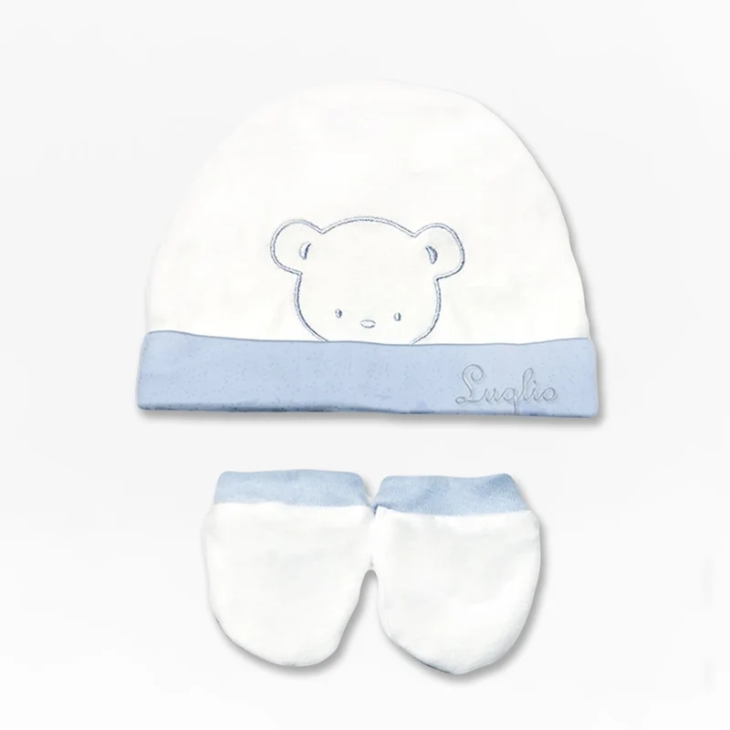 Cappello e Muffole Neonato Bianco e Cielo Orsetto ricamato, Luglio