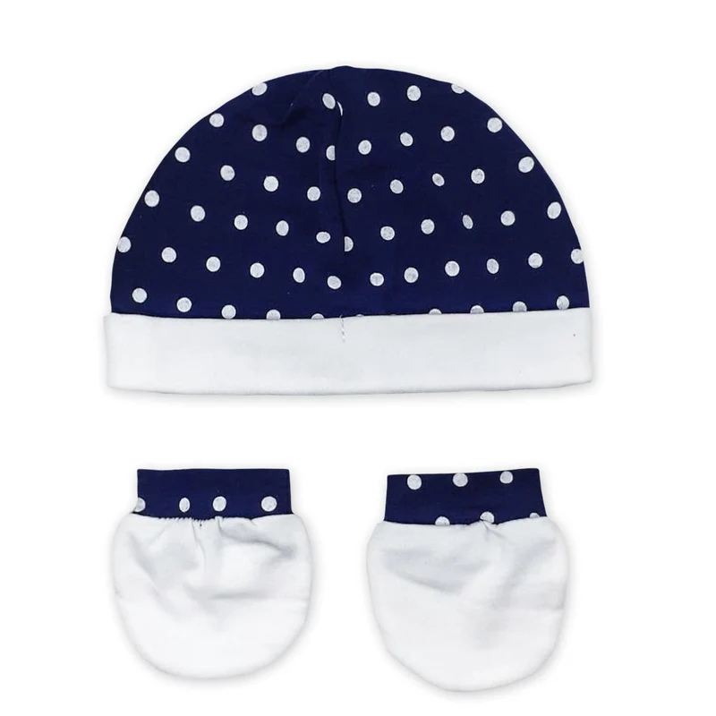 Cappello e Muffole in Cotone Bianco e Blu Pois, Luglio