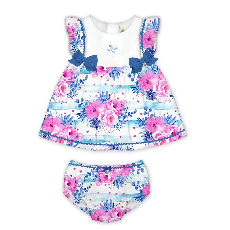 Vestito + Culotte Neonata in Cotone Blu Fantasia Floreale Luglio