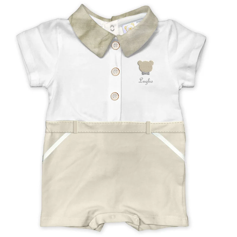 Pagliaccetto Neonato in Cotone Beige Orsetto Ricamato Luglio