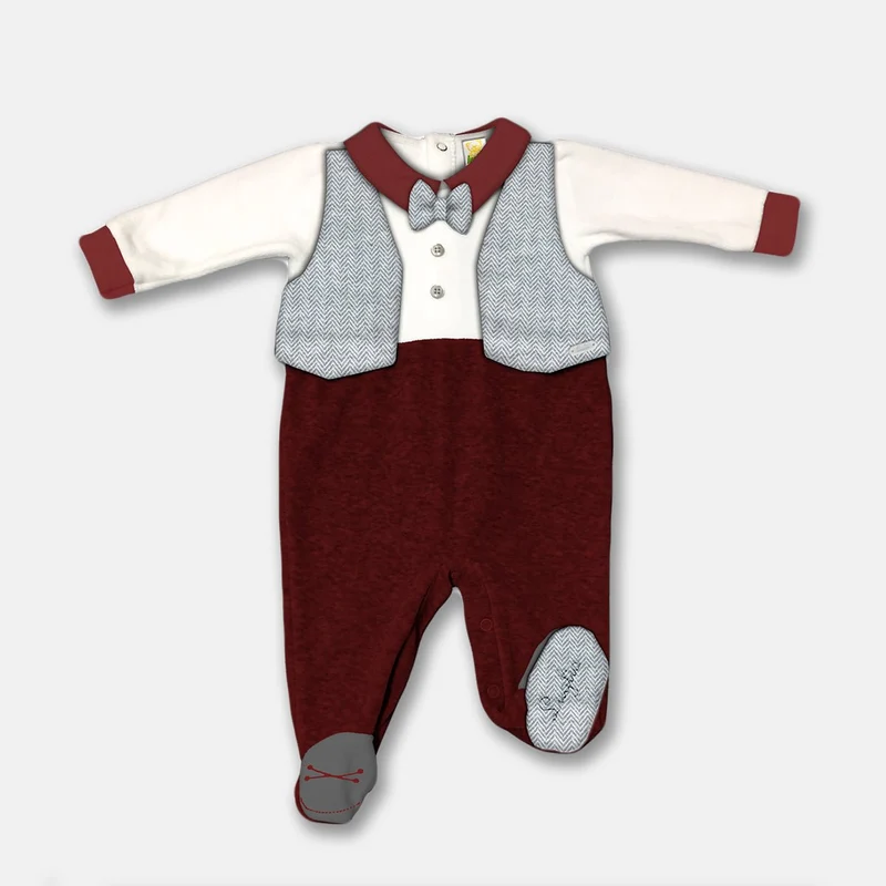 Tutina Neonato In Ciniglia Bicolore Bordeaux E Bianco Pied De Poule E Papillon Luglio