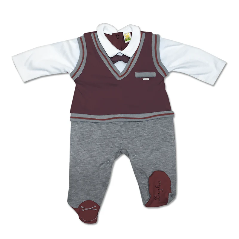 Tutina Maschietto In Ciniglia Bicolore Grigio E Bordeaux Con Finto Pullover E Papillon Applicato Luglio Lu830