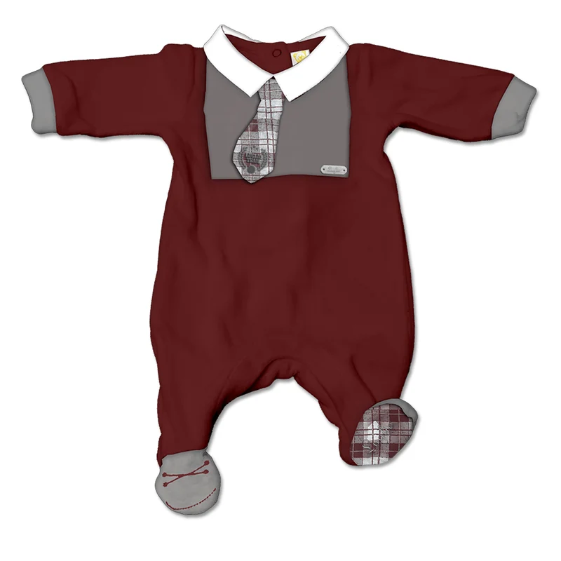 Tutina Maschietto In Ciniglia Bicolore Grigio E Bordeaux Con Cravatta Fantasia Scozzese E Colletto Bianco In Contrasto Luglio Lu827