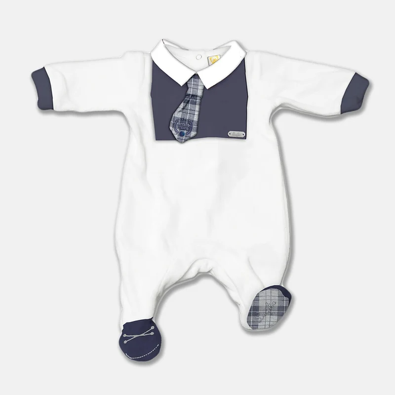 Tutina Neonato In Ciniglia Bicolore Bianca E Blu Con Cravatta Luglio
