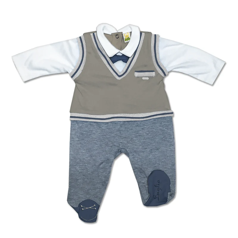 Tutina Maschietto In Ciniglia Bicolore Grigio E Beige Con Finto Pullover E Papillon Applicato Luglio Lu830