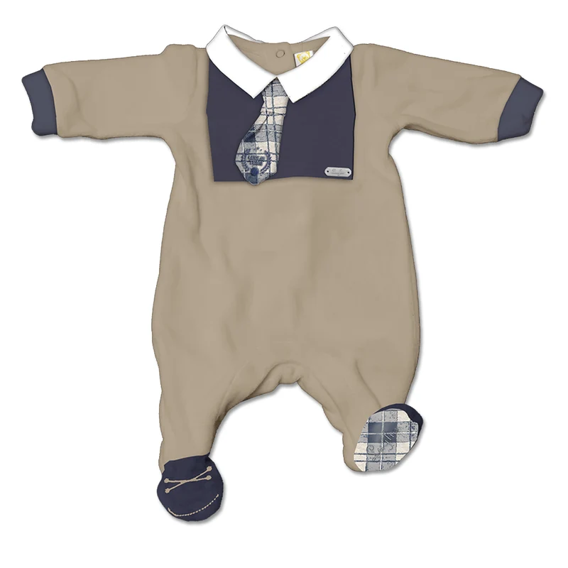 Tutina Maschietto In Ciniglia Bicolore Beige E Blu Con Cravatta Fantasia Scozzese E Colletto Bianco In Contrasto Luglio Lu827