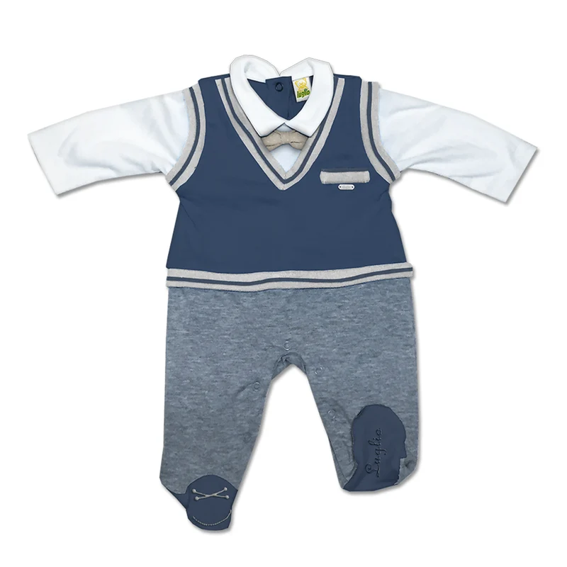 Tutina Maschietto In Ciniglia Bicolore Grigio E Blu Con Finto Pullover E Papillon Applicato Luglio Lu830