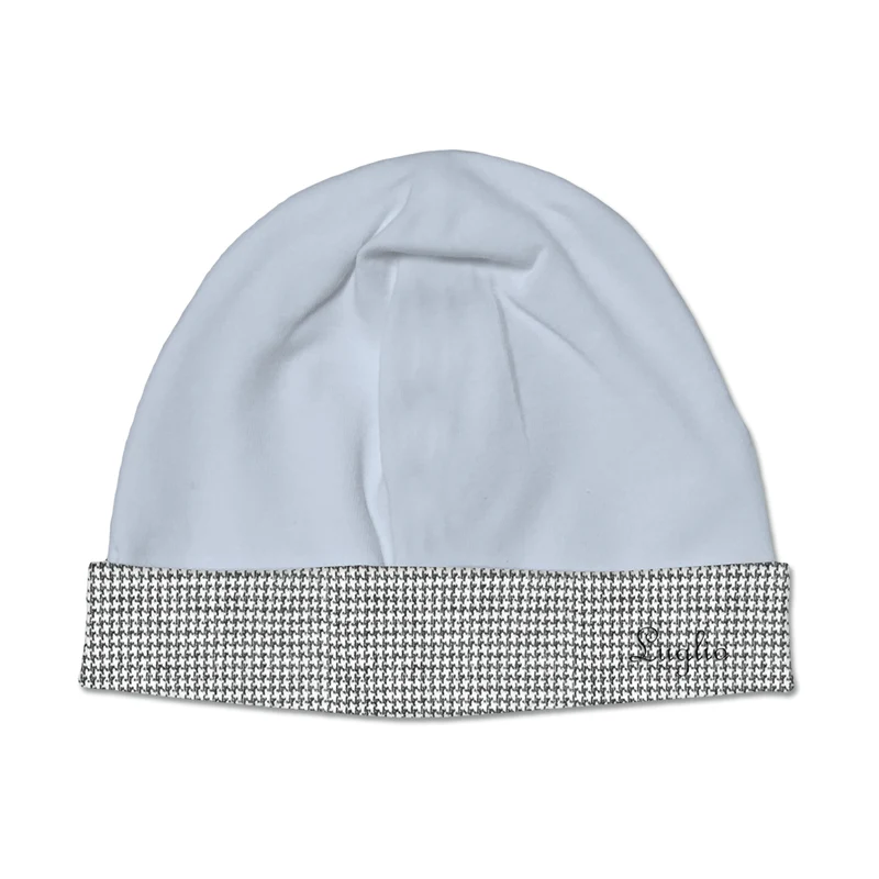 Cappello Maschietto In Ciniglia Cielo Con Fascia In Pied De Poule, Luglio
