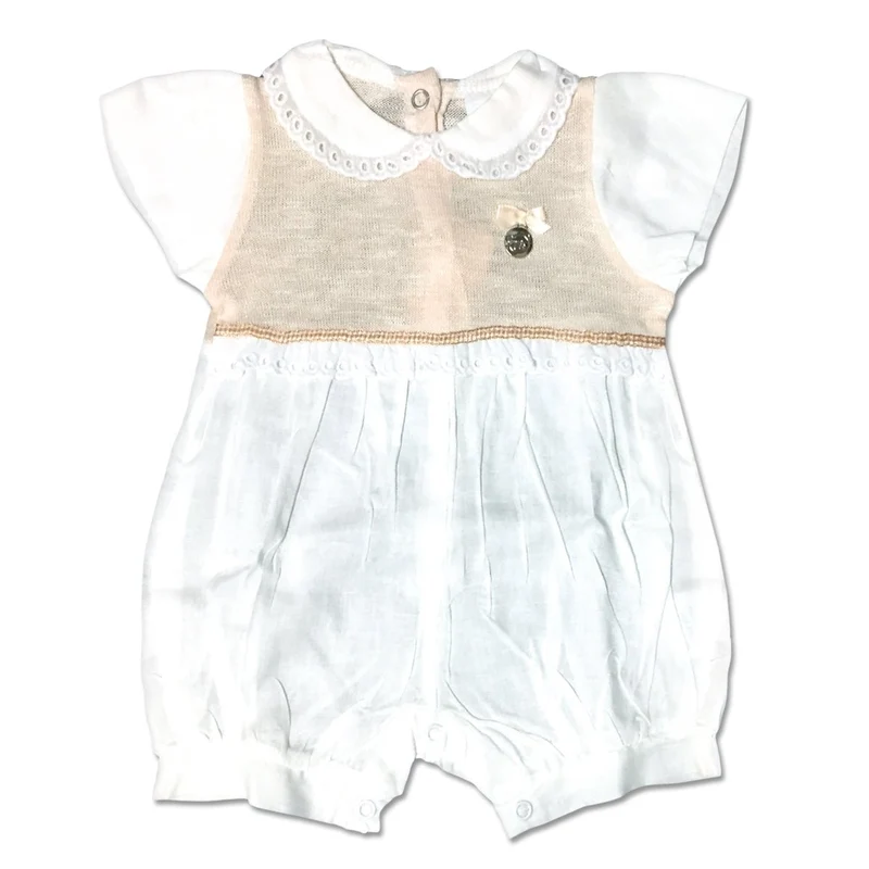 Pagliaccetto Neonata in Cotone Bianco E Beige Medaglietta Applicata Luglio