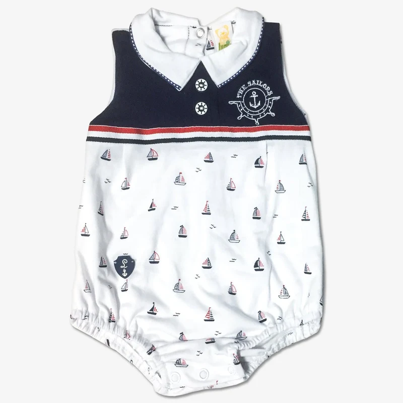 Pagliacccetto Neonato in Cotone Bicolore Bianco E Blu Con Barchette Disegnate Luglio