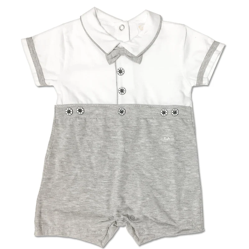 Pagliaccetto Neonato in Cotone Bianco E Grigio Con Papillon Luglio