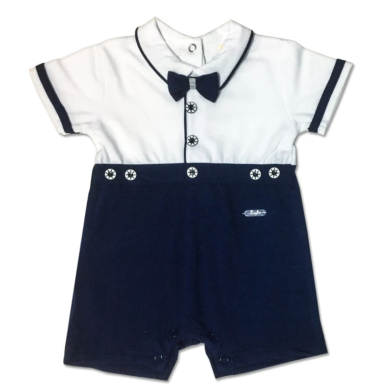 Pagliaccetto Neonato in Cotone Bianco E Blu Con Papillon Luglio