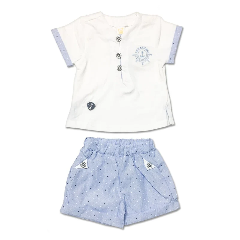 Completino Neonato Polo + Bermuda in Cotone Bianco E Cielo Marinaretto Luglio