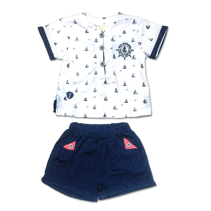 Completino Neonato Polo + Bermuda in Cotone Bianco E Blu Marinaretto Luglio