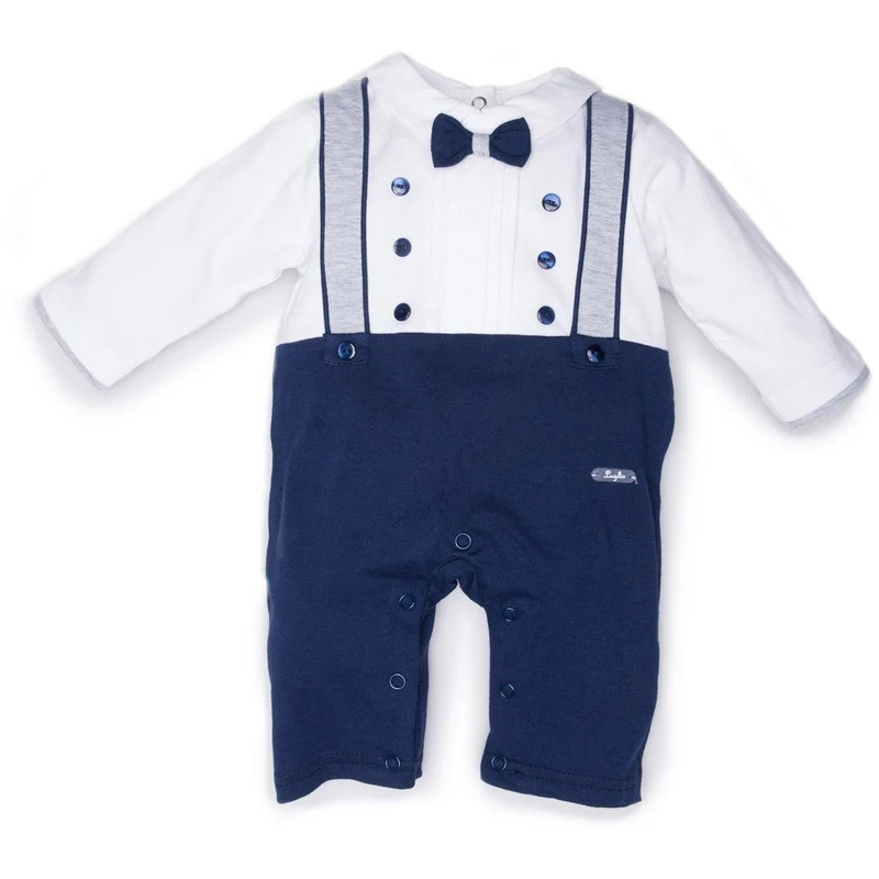 Tutina Neonato In Cotone Bianca E Blu Papillon E Bretelle, Luglio