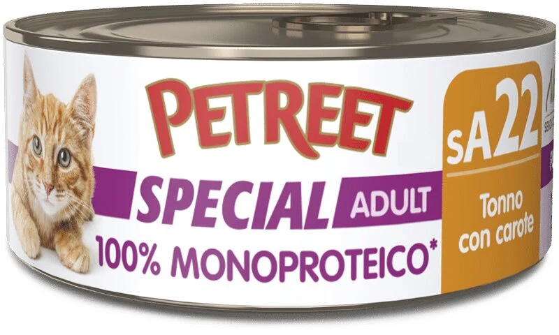 Petreet Monoproteico Tonno Con Carote Cibo Umido Gatto Adulto Barattolo 60g