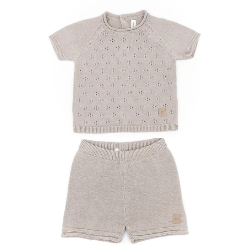 Completino maglieria knitted traforato - tg. 1 mese - sand