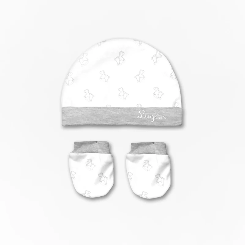 Cappello e Muffole Neonato Bianco e Beige con Cavallucci, Luglio