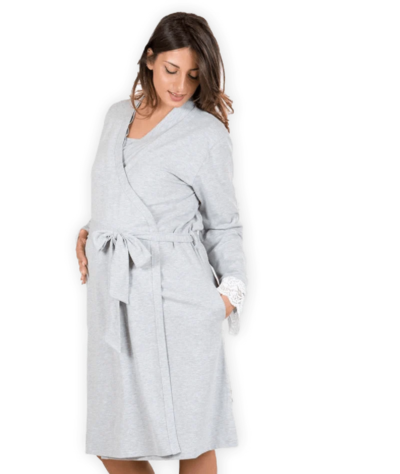 Vestaglia in Cotone Post-Parto Clinica Con Inserto In Pizzo