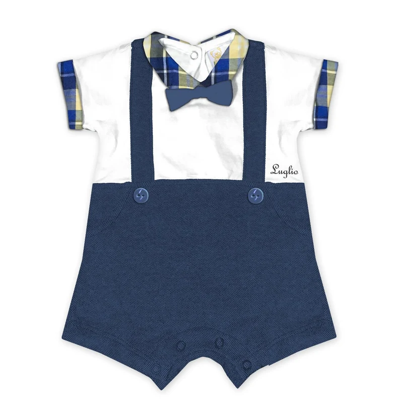Pagliaccetto Neonato in Cotone Blu con Bretelle Luglio