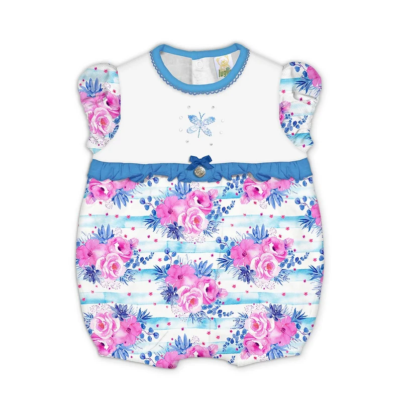 Pagliaccetto Neonata in Cotone Blu Fantasia Floreale Luglio